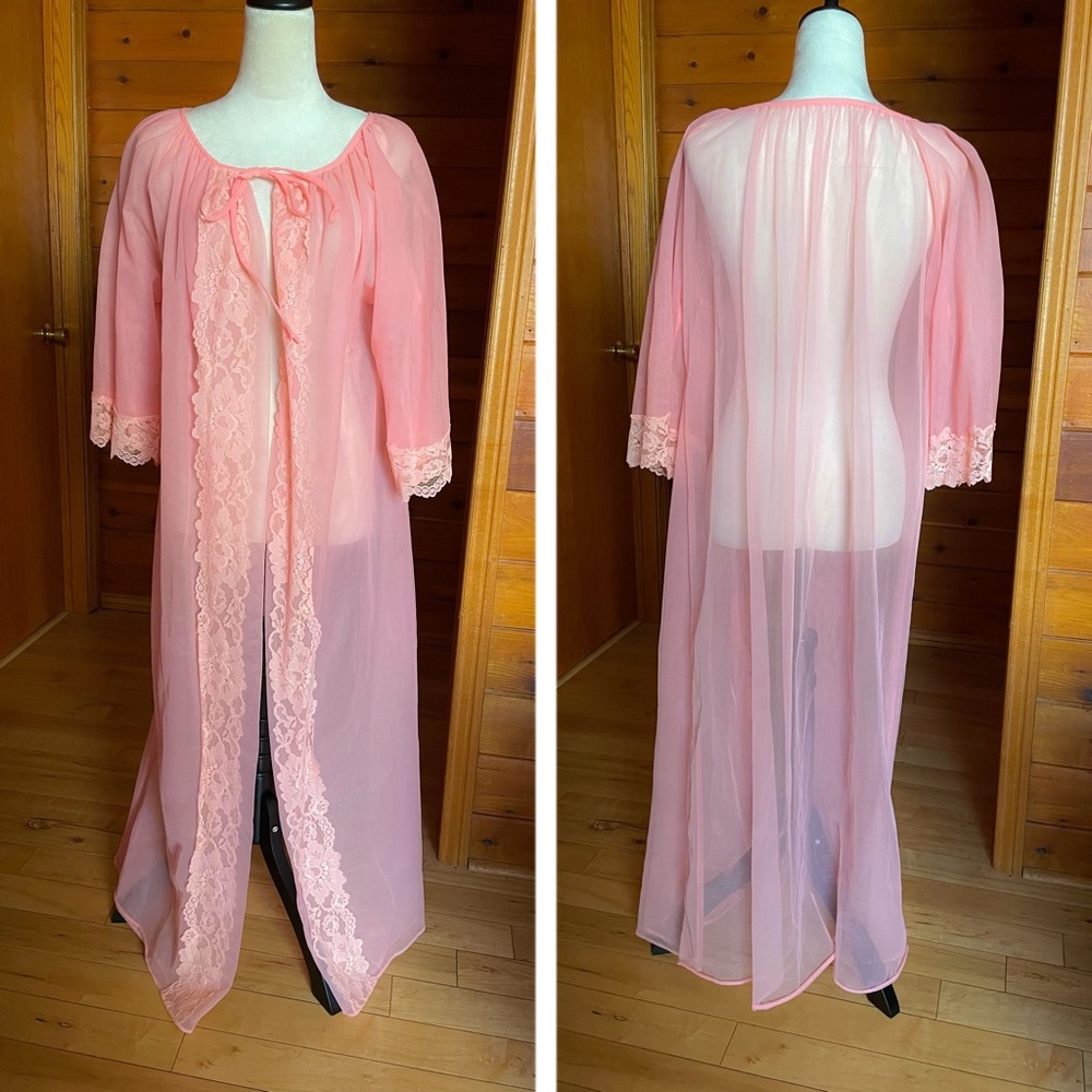 Vintage 60s Peachy Pink Double Layered Nylon Chiffon Nightgown Peignoir Set Sz M - Picture 2 of 4